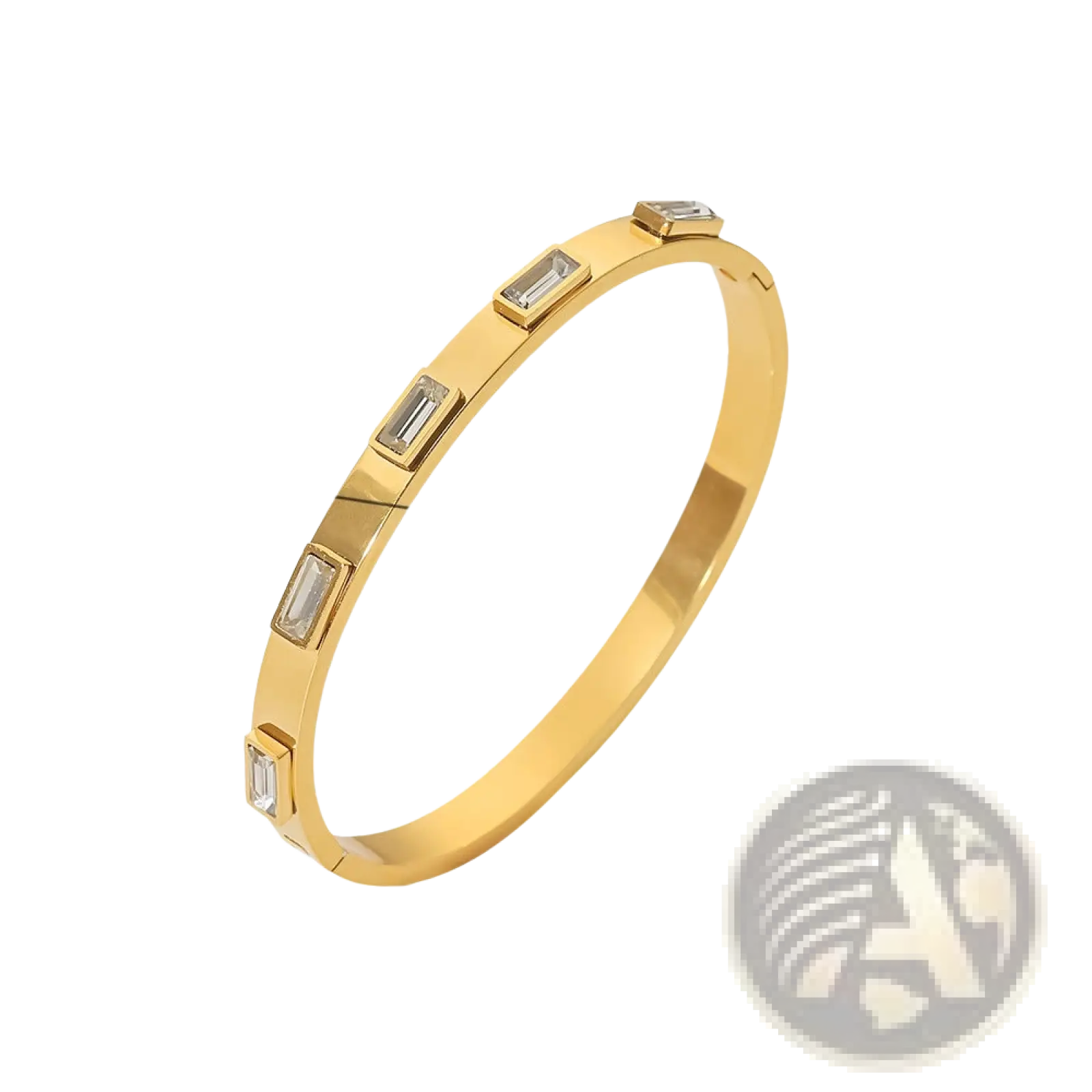 Gold plated stainless steel bangle bracelet with five clear rectangular zirconia gemstones on a polished gold-toned surface