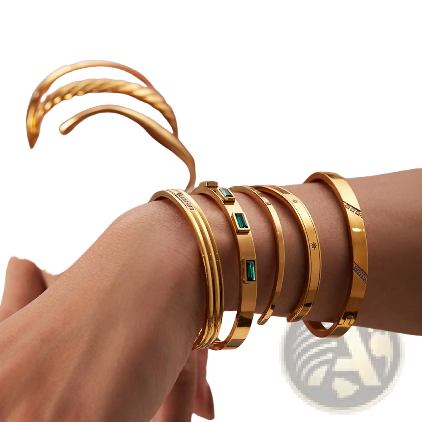 Gold plated stainless steel bangle bracelet with emerald green rectangular stones and diamond zirconia accents