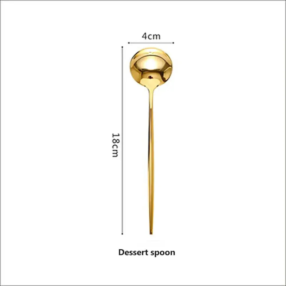 A sleek 18cm gold dessert spoon with polished metallic finish made of luxury gold 304 stainless steel cutlery set