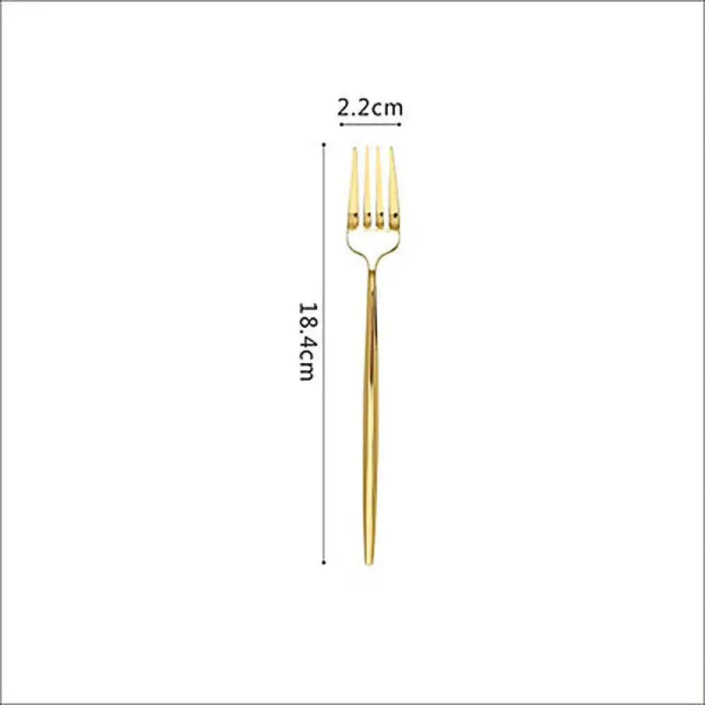A sleek gold-colored fork with four tines and a slender handle from the luxury gold 304 stainless steel cutlery set