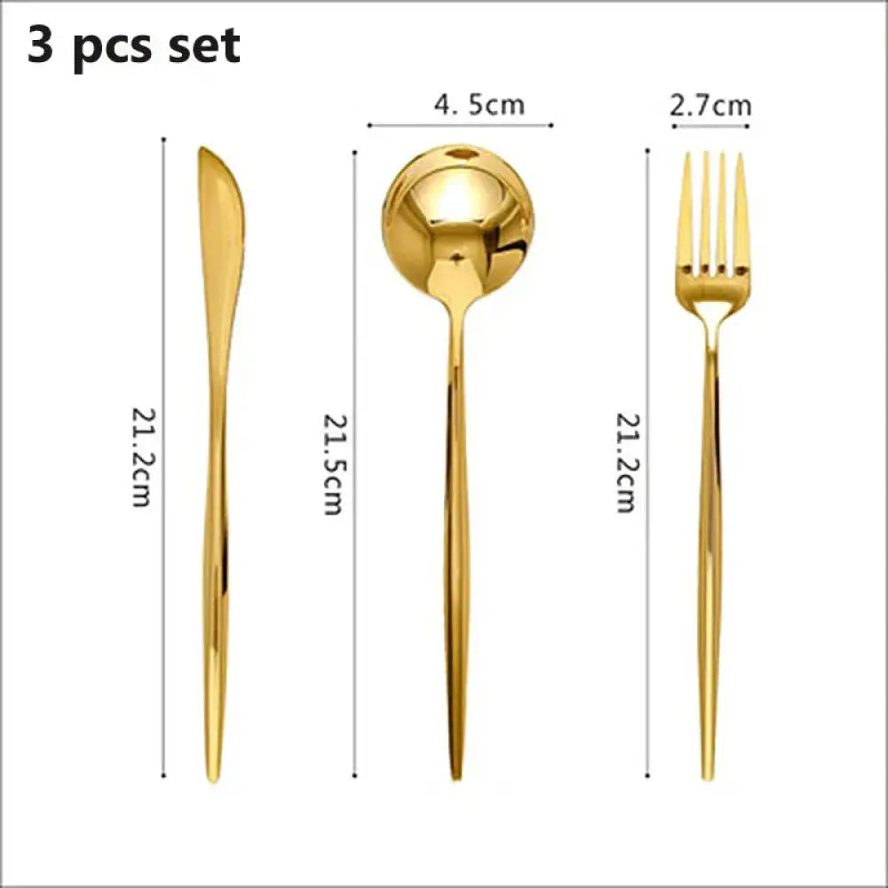Luxury gold 304 stainless steel 3-piece cutlery set with sleek polished knife spoon and fork for elegant dining