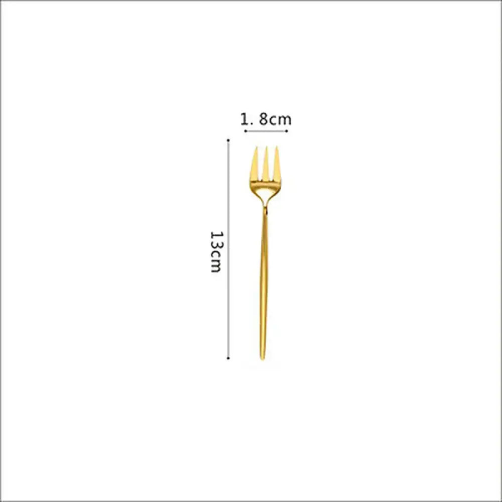A sleek gold 13cm luxury 304 stainless steel fork with a slender handle and three evenly spaced tines