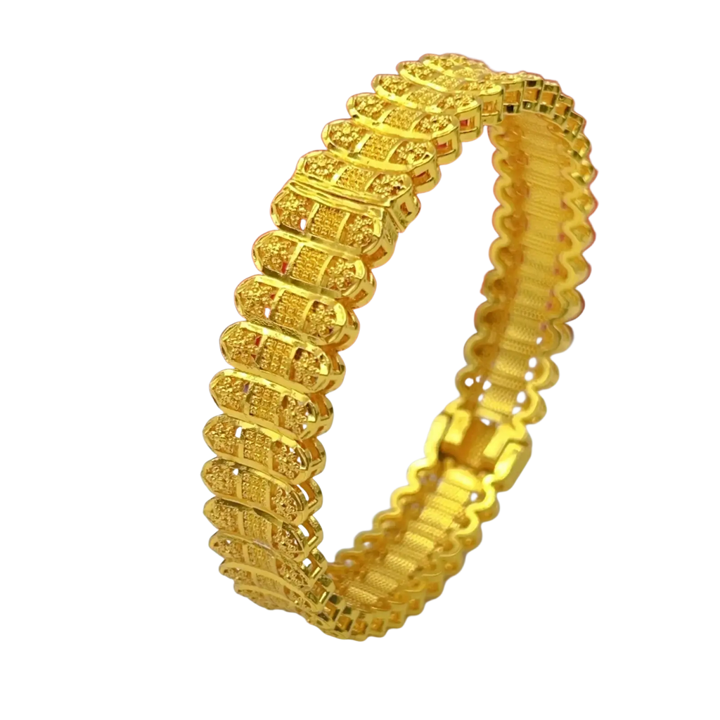 Gold plated zinc alloy bangle bracelet with intricate engraved rectangular links and scalloped edge hand jewelry design
