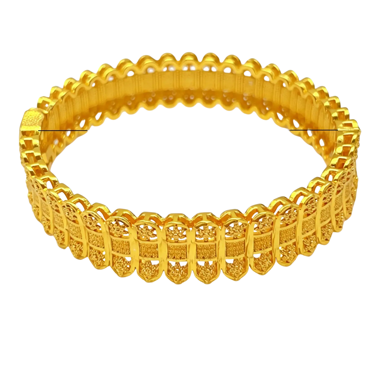 Gold plated zinc alloy bangle bracelet with intricate floral and geometric patterns for elegant hand jewelry use