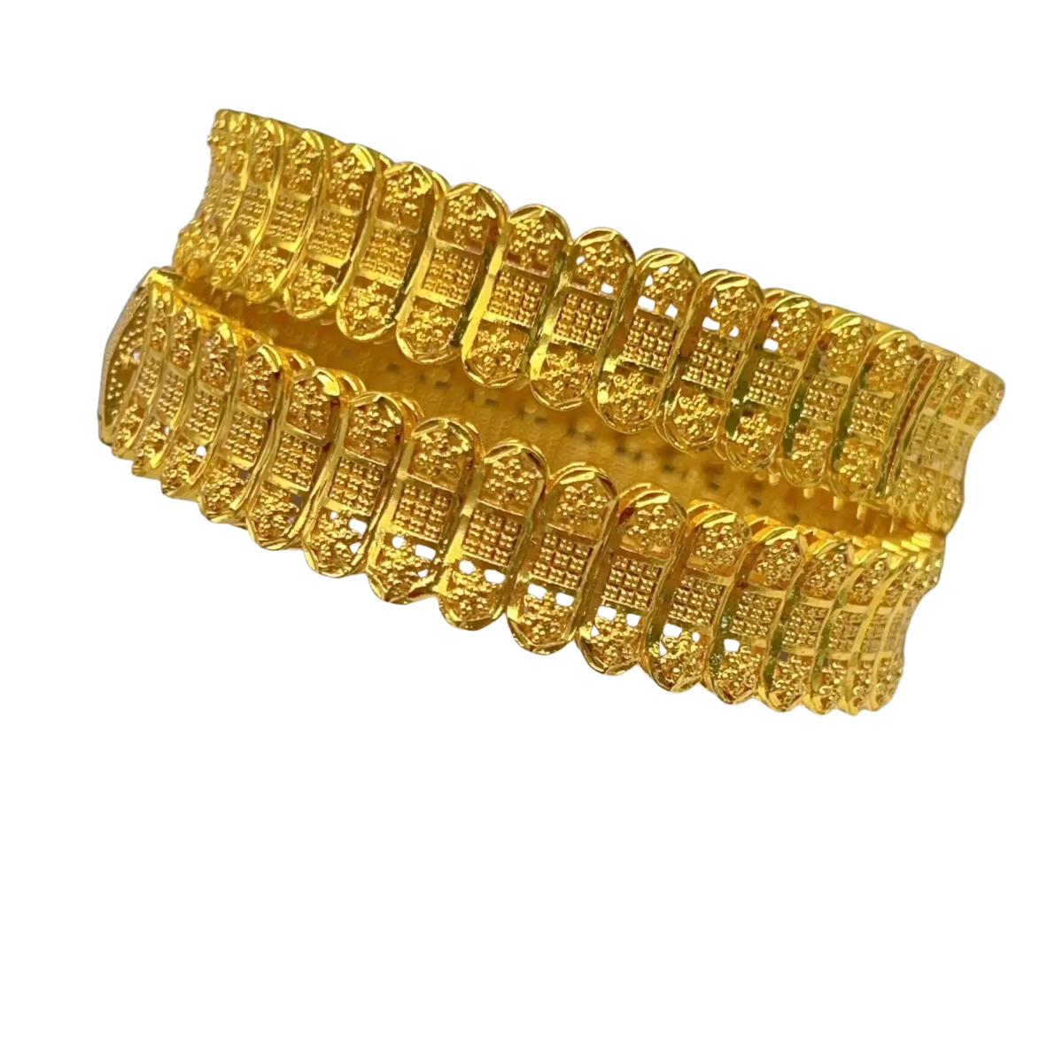 Gold plated zinc alloy bangle bracelet with intricate rectangular link engravings for elegant hand jewelry