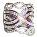 A dazzling silver infinity ring with gold plating featuring baguette and round brilliant cubic zirconia stones for engagement