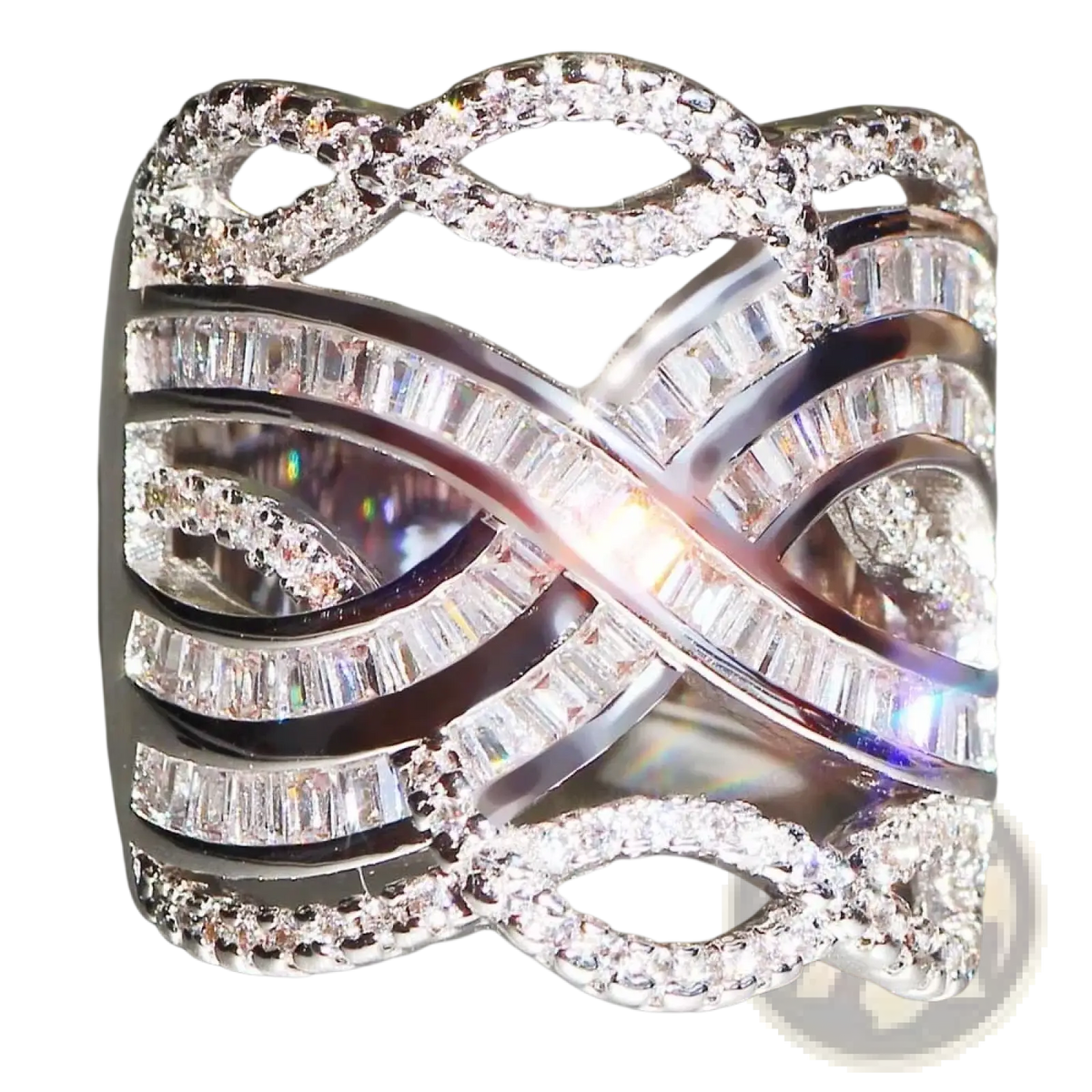 A dazzling silver infinity ring with gold plating featuring baguette and round brilliant cubic zirconia stones for engagement