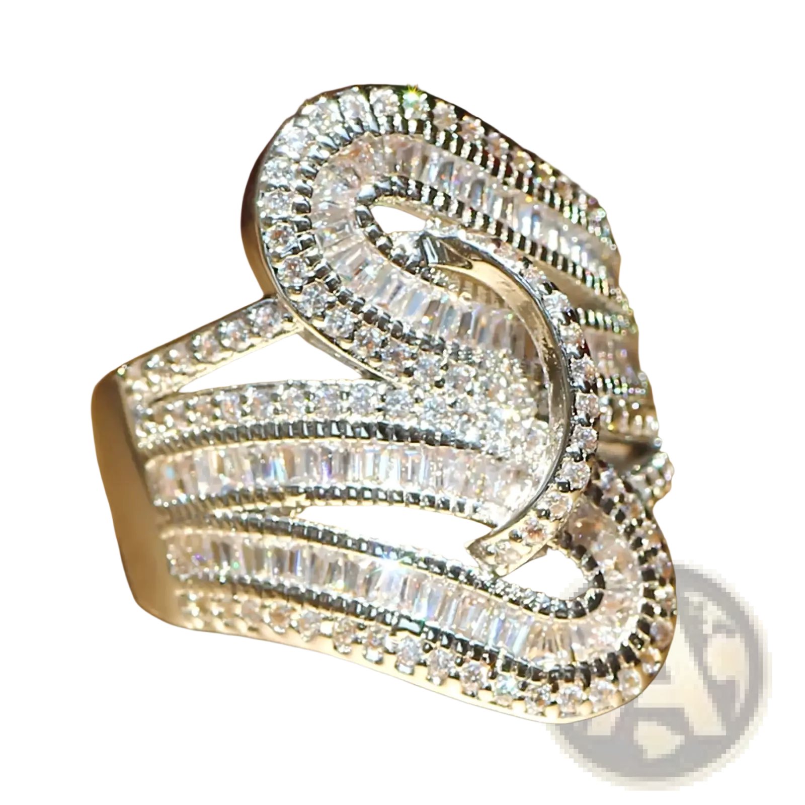 A dazzling silver gold plated zircon engagement ring with intricate swirling design and baguette crystal stones