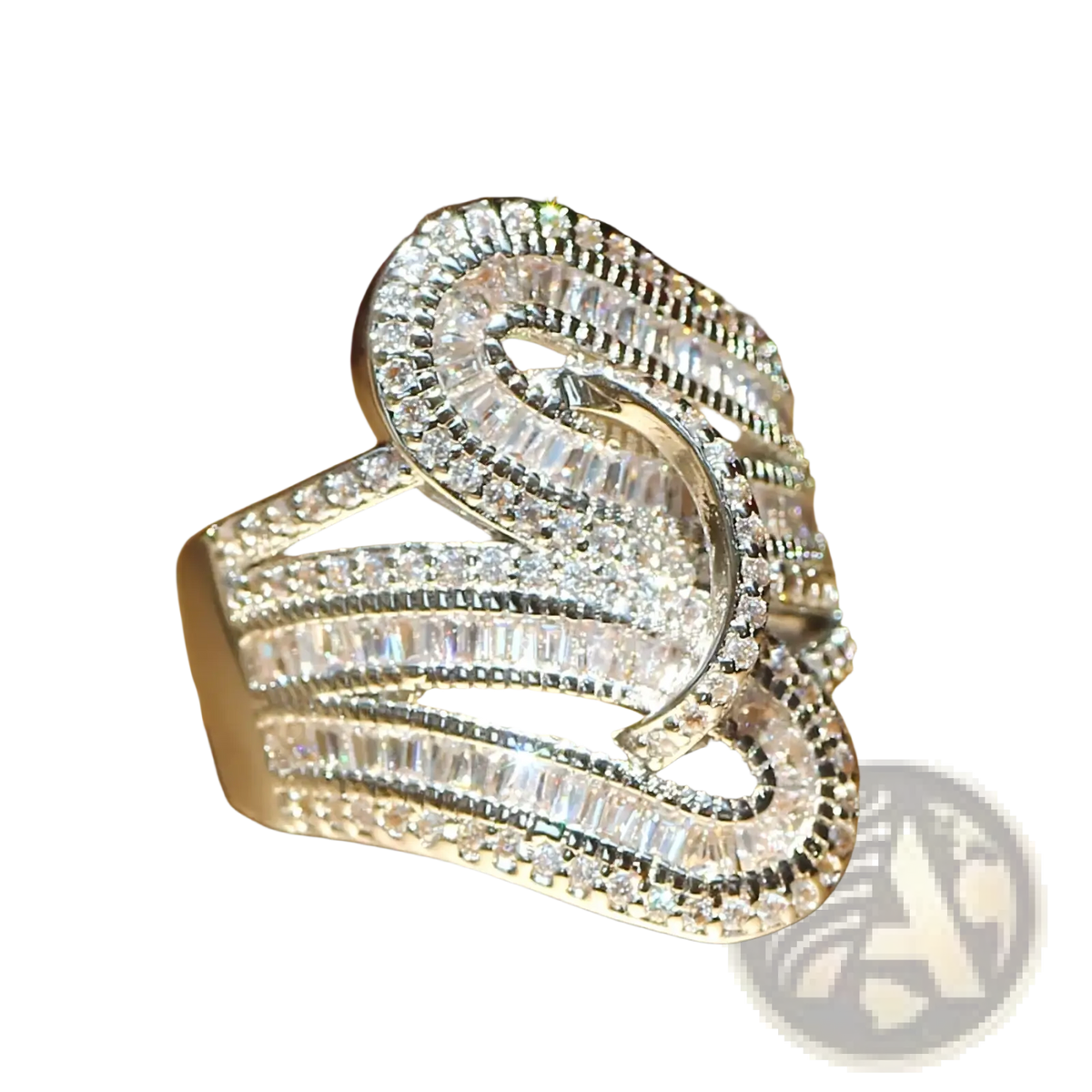 A dazzling gold plated zircon baguette crystal engagement ring with intricate flowing silver design and clear crystals