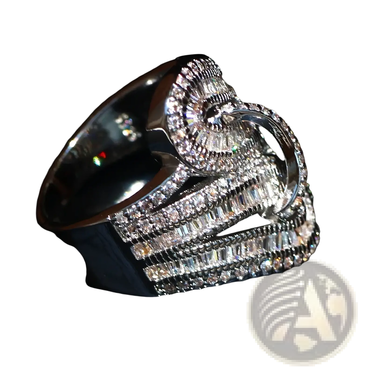 A gold plated zircon baguette crystal engagement ring with dazzling silver layered bands and clear round stones