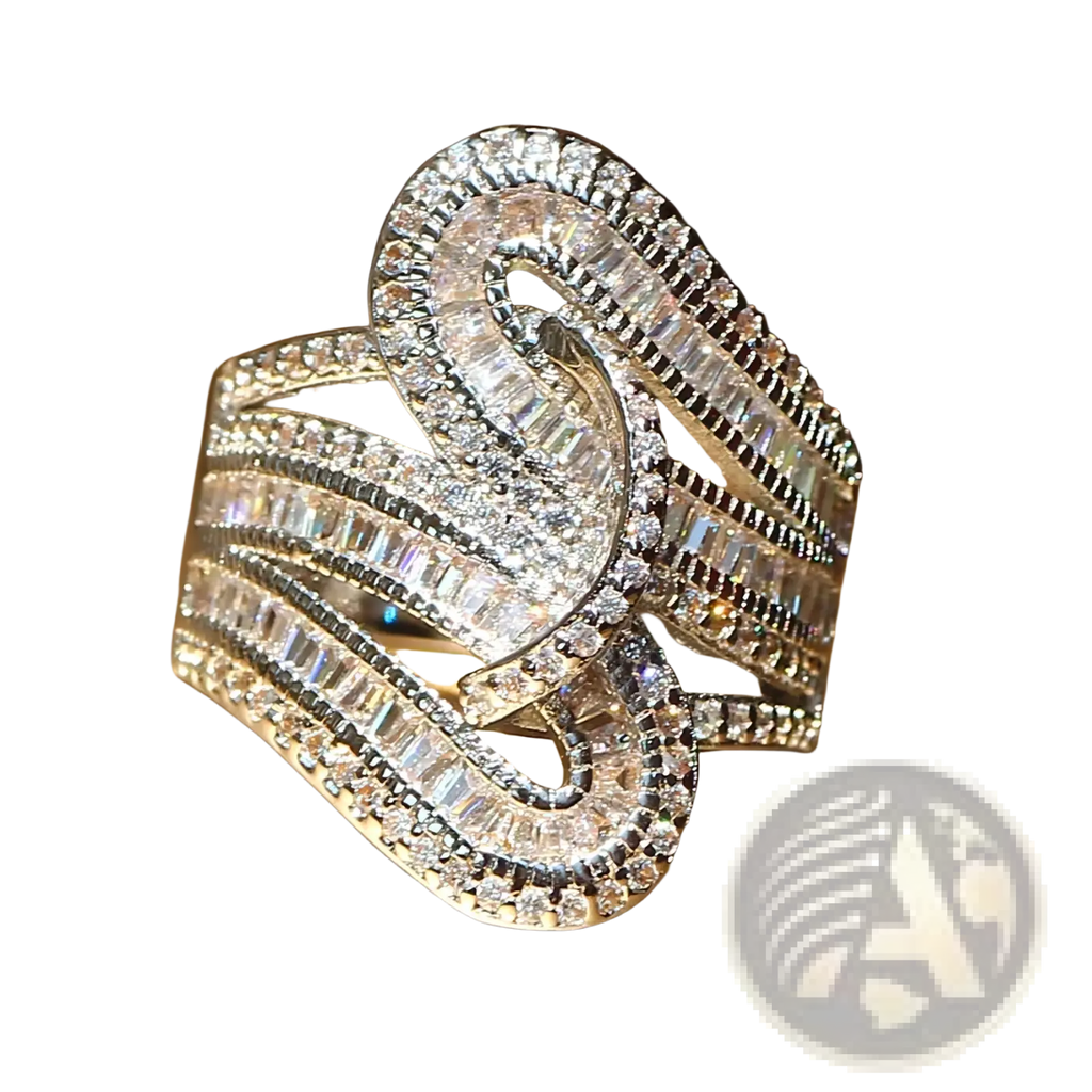 A gold plated zircon baguette crystal engagement ring with a dazzling silver-toned flowing design and multiple diamonds