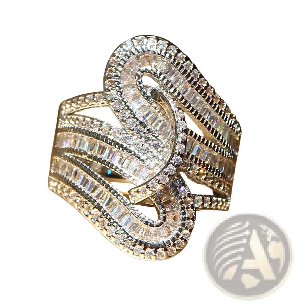 A gold plated zircon baguette crystal engagement ring with a dazzling silver-toned flowing design and multiple diamonds
