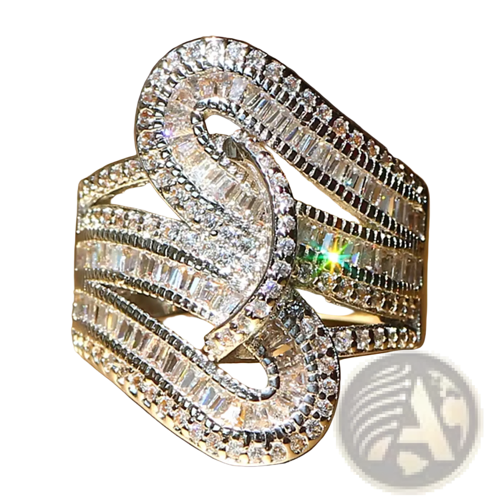 A dazzling gold plated zircon baguette crystal engagement ring with intricate flowing silver toned design and diamonds