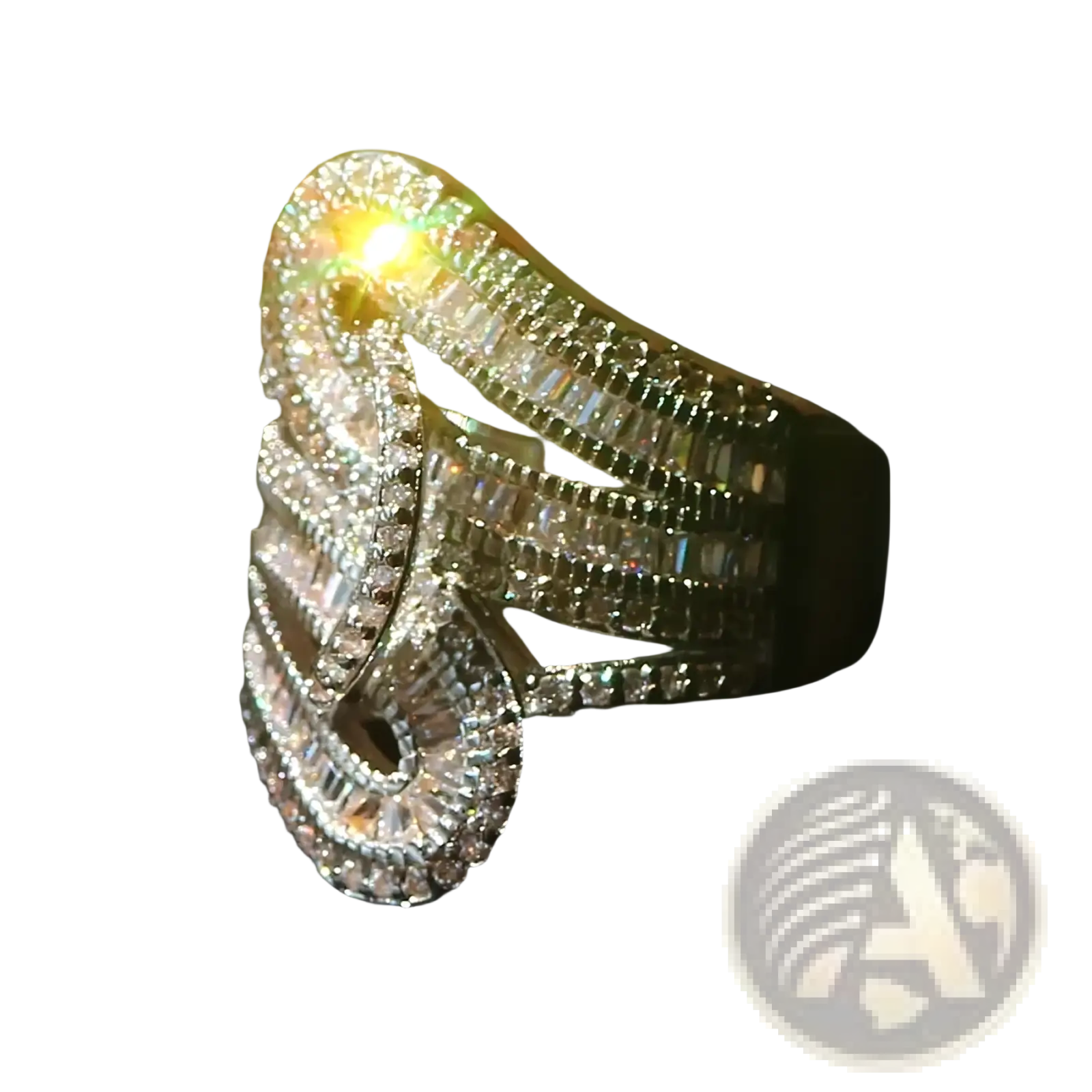 Gold plated zircon baguette crystal engagement ring with multiple rows of clear crystals in an elegant flowing design