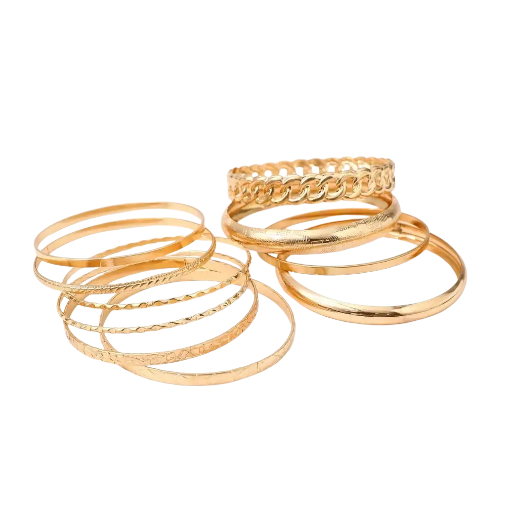 A set of 10 gold-toned punk bangle bracelets featuring smooth, twisted, and chain-link textured designs