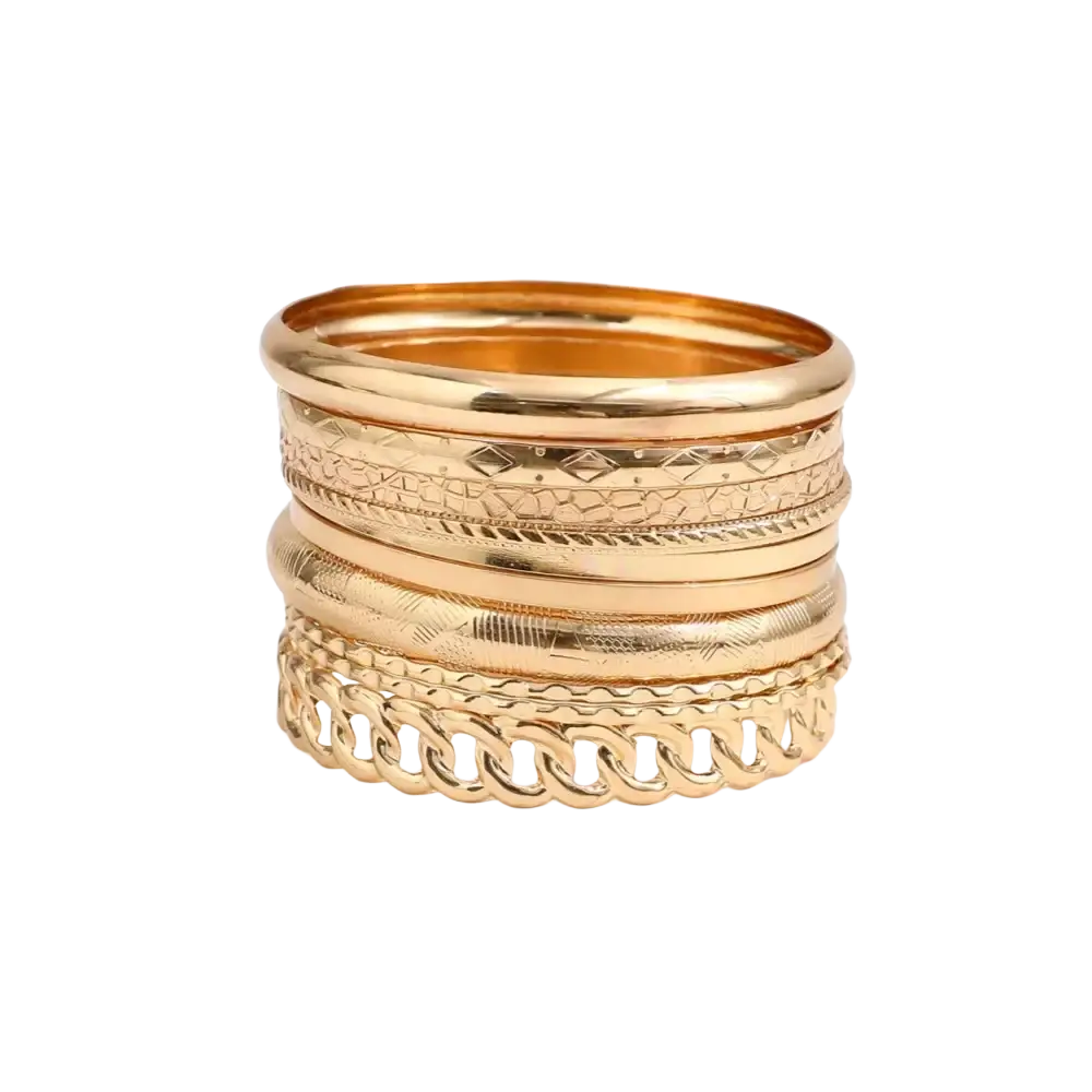 Stack of gold-toned gold punk bangle bracelet set 10 pieces with assorted textured patterns and chain-link design