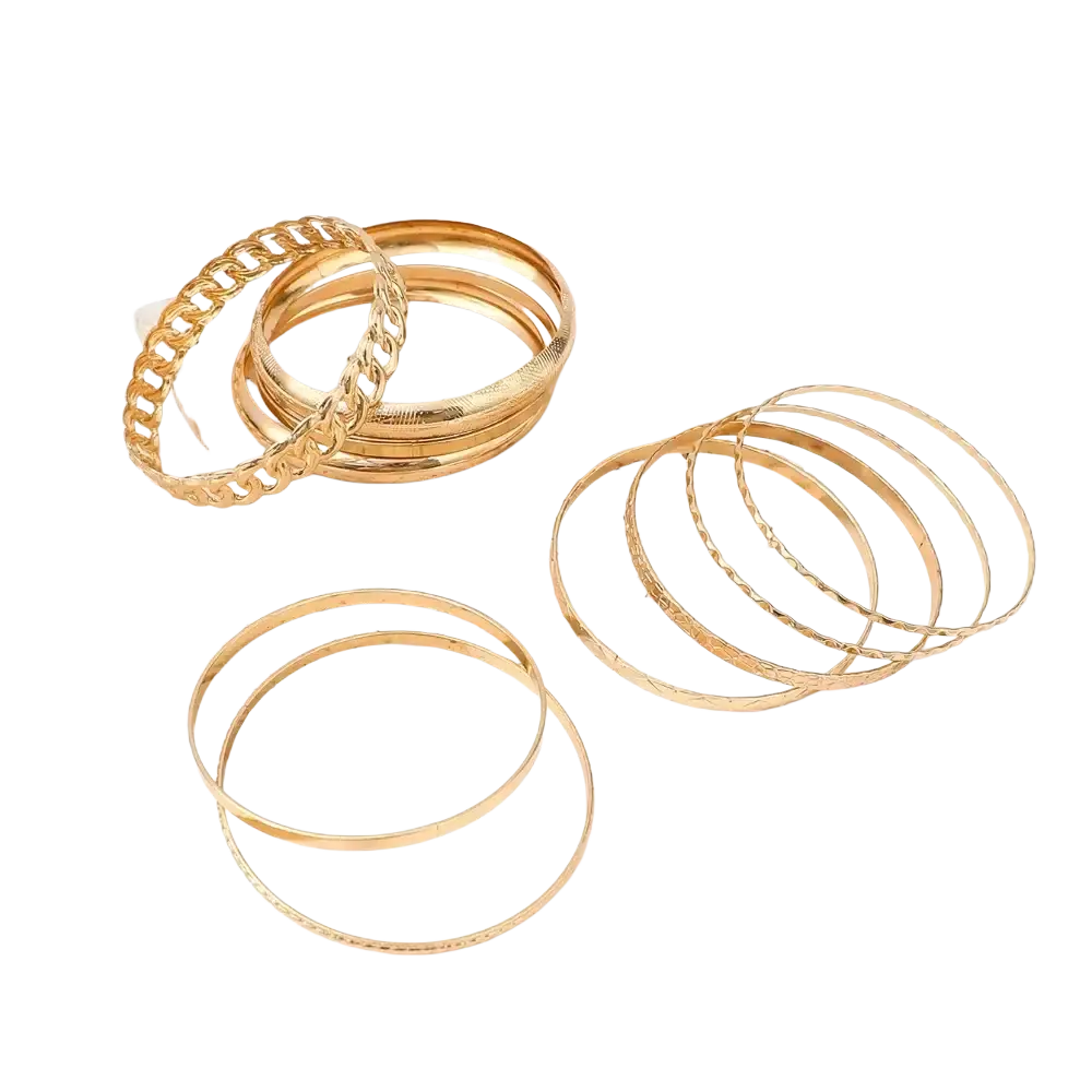 A set of 10 gold-toned punk bangle bracelets featuring chain, hammered, and smooth metal finishes