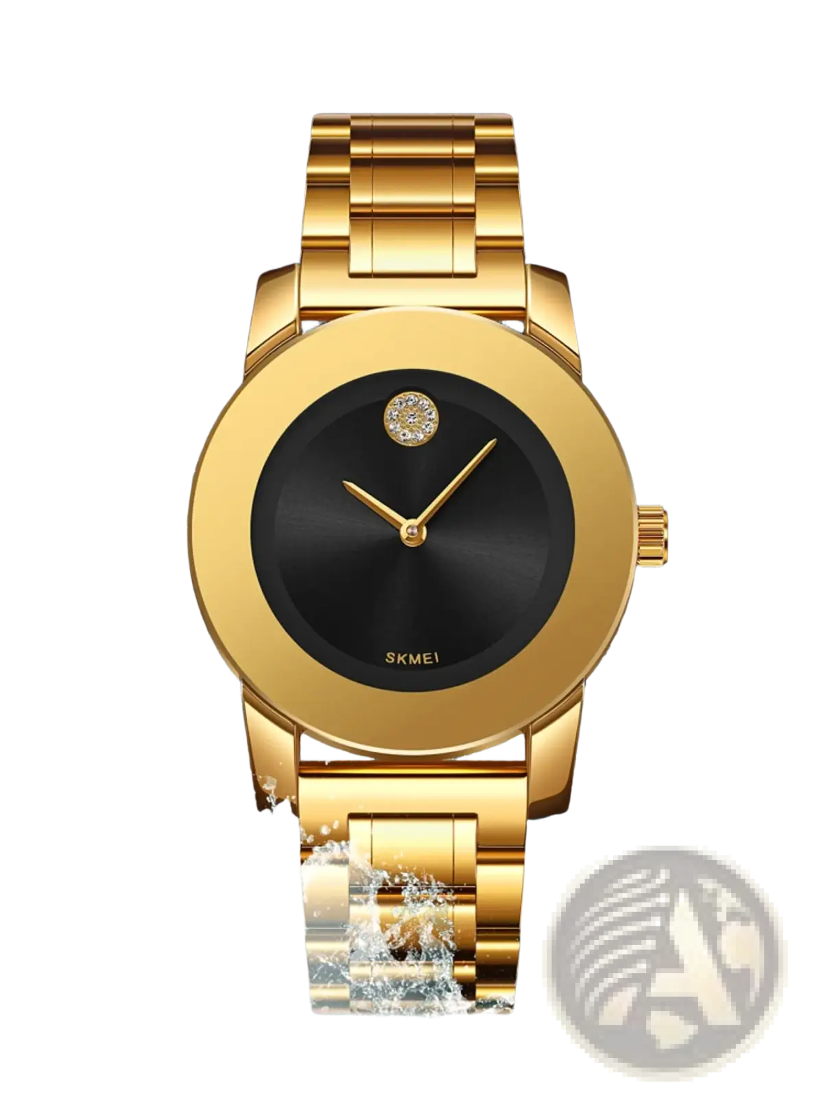 Gold quartz watch with gold-tone stainless steel case, black dial, diamond-encrusted skmei logo at 12 o’clock
