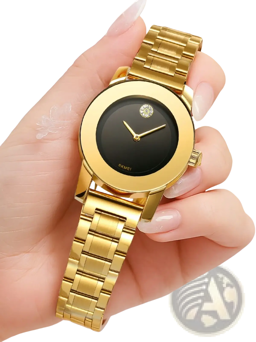Gold quartz watch with a gold-tone stainless steel bracelet black dial and diamond accent logo at 12 o’clock position
