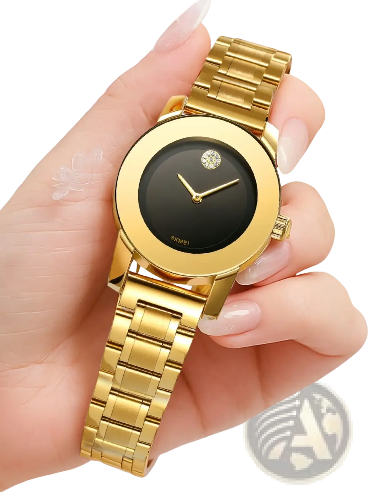 Gold quartz watch with a gold-tone stainless steel bracelet black dial and diamond accent logo at 12 o’clock position