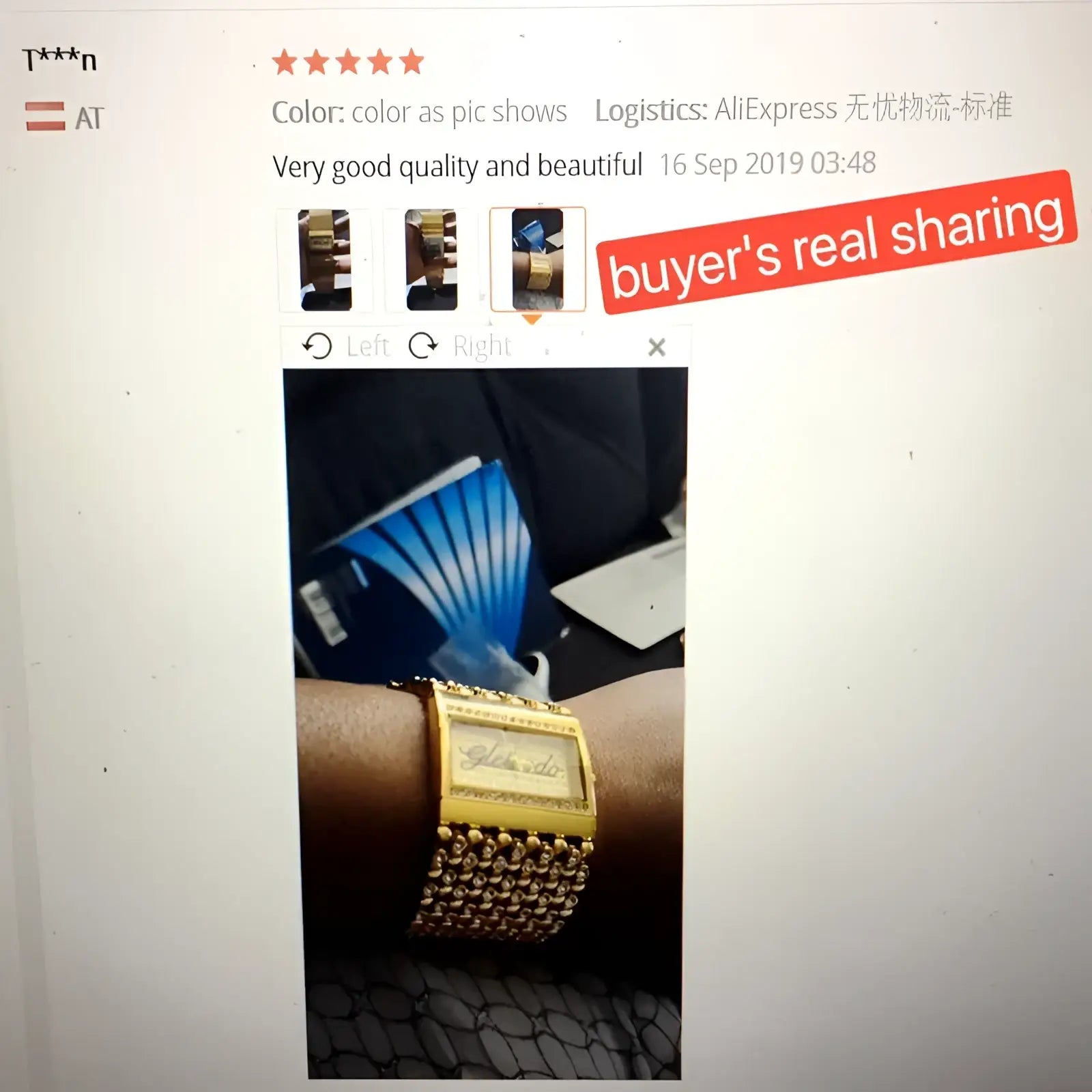 Gold quartz women watch with a gold rectangular diamond-encrusted face and mesh band of small round gold beads