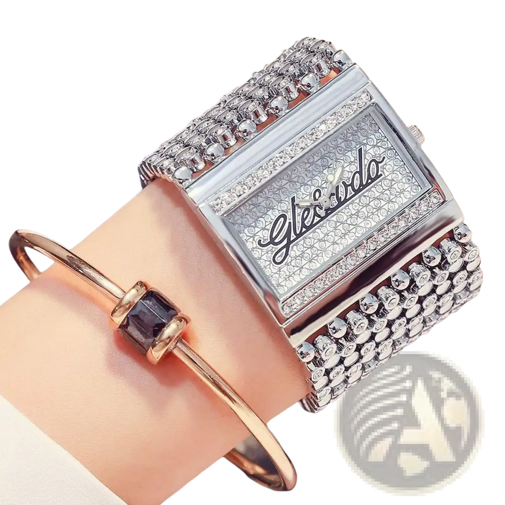 Silver rectangular gold quartz women watch with crystal-encrusted band and face featuring gleamdo brand name