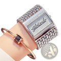 Silver rectangular gold quartz women watch with crystal-encrusted band and face featuring gleamdo brand name