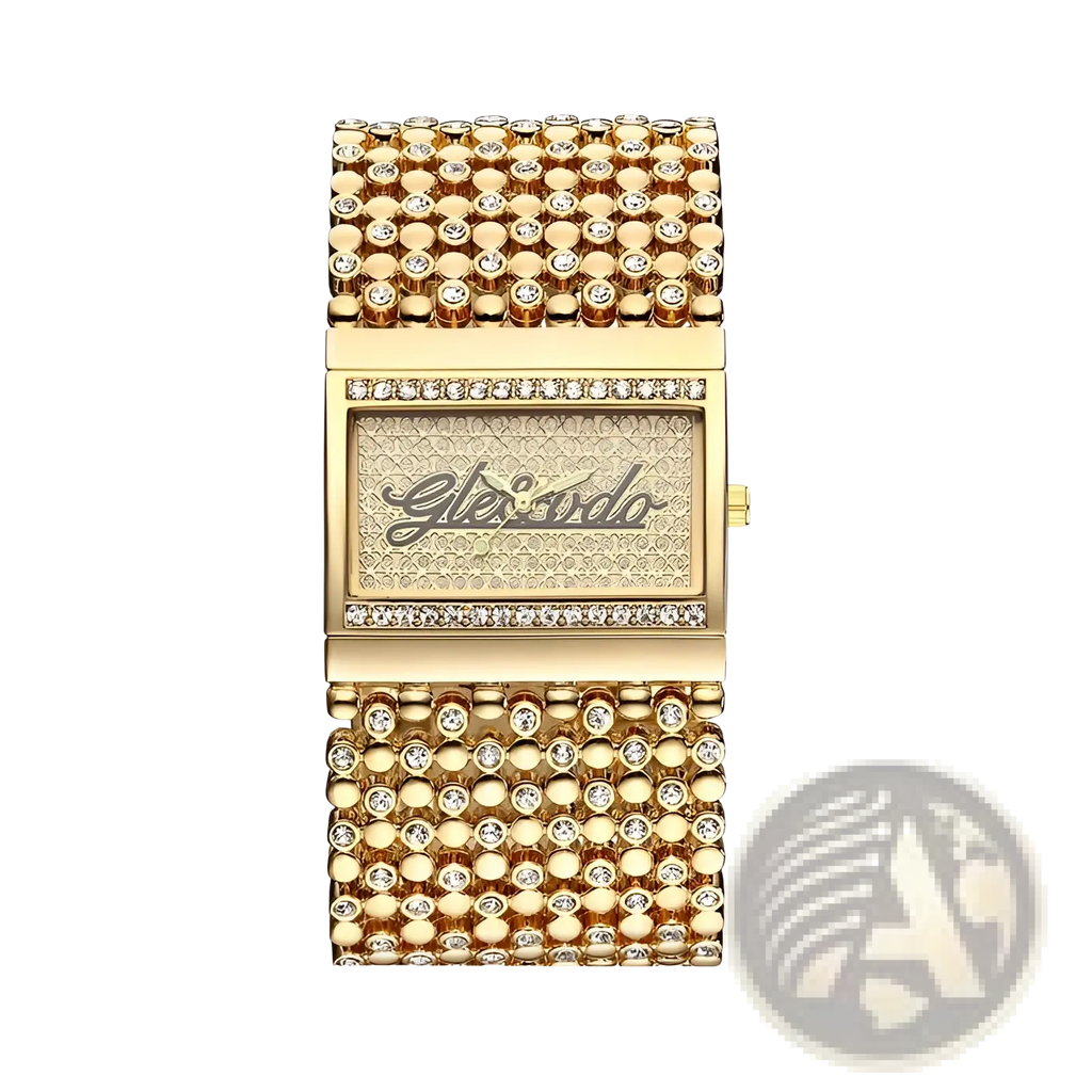 Gold quartz women watch featuring a gold-tone rectangular case with a beaded crystal-encrusted band and gle & odo logo