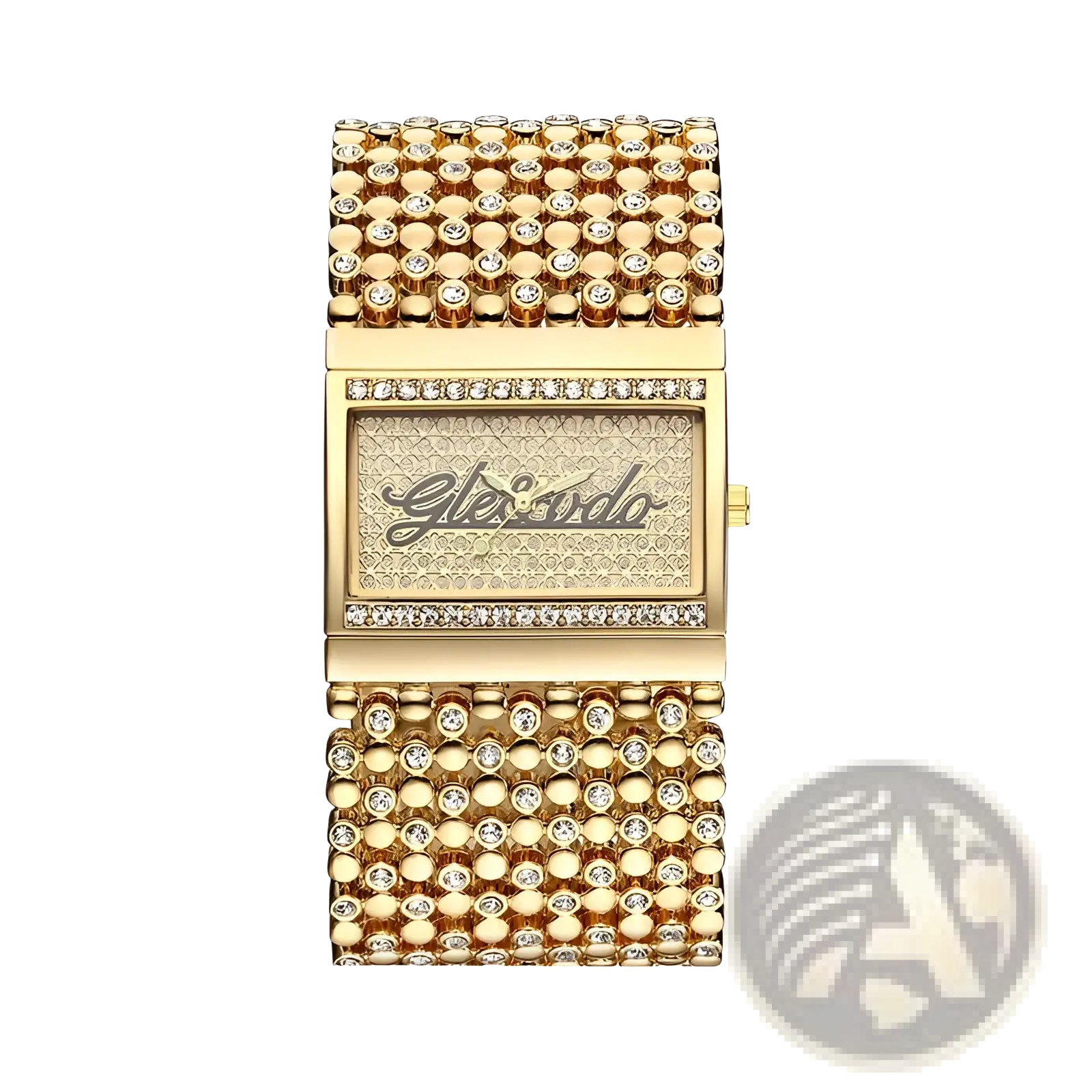 Gold quartz women watch featuring a gold-tone rectangular case with a beaded crystal-encrusted band and gle & odo logo