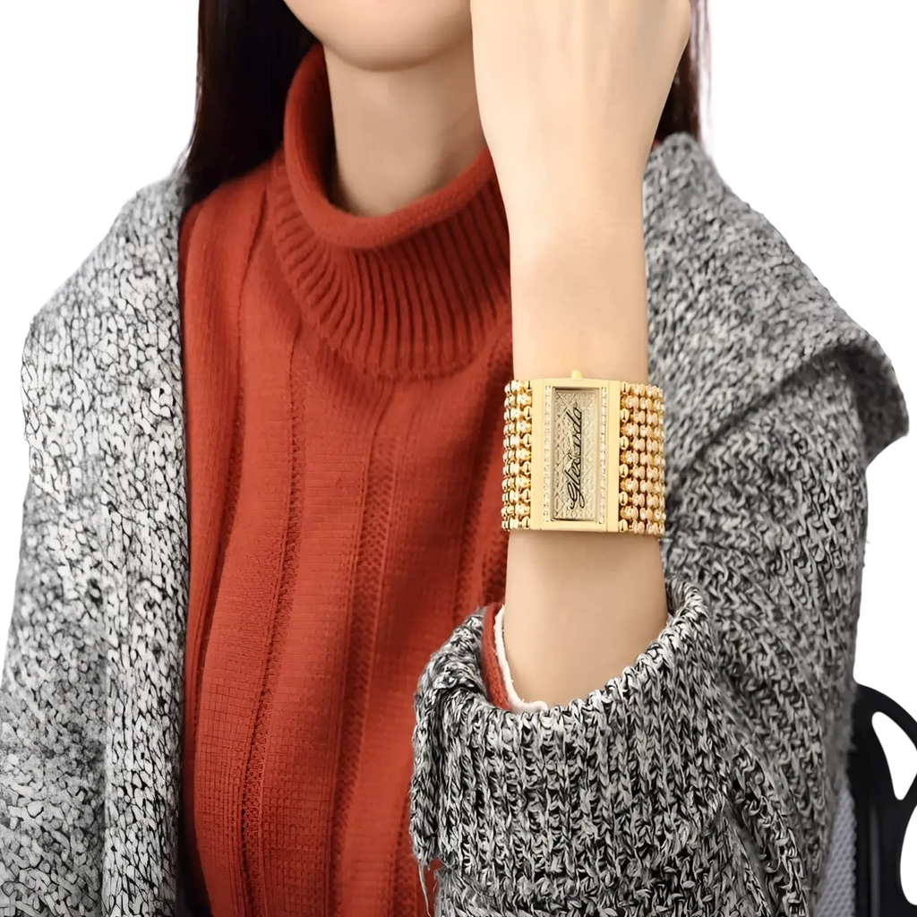 Gold quartz women watch with a gold-toned rectangular diamond-encrusted face and beaded bracelet by Glashütte