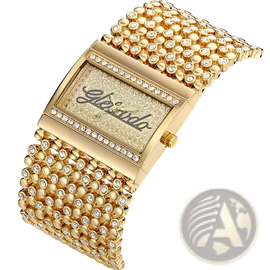 Gold quartz women watch with a gold-toned rectangular crystal-encrusted beaded band featuring the Gleason logo