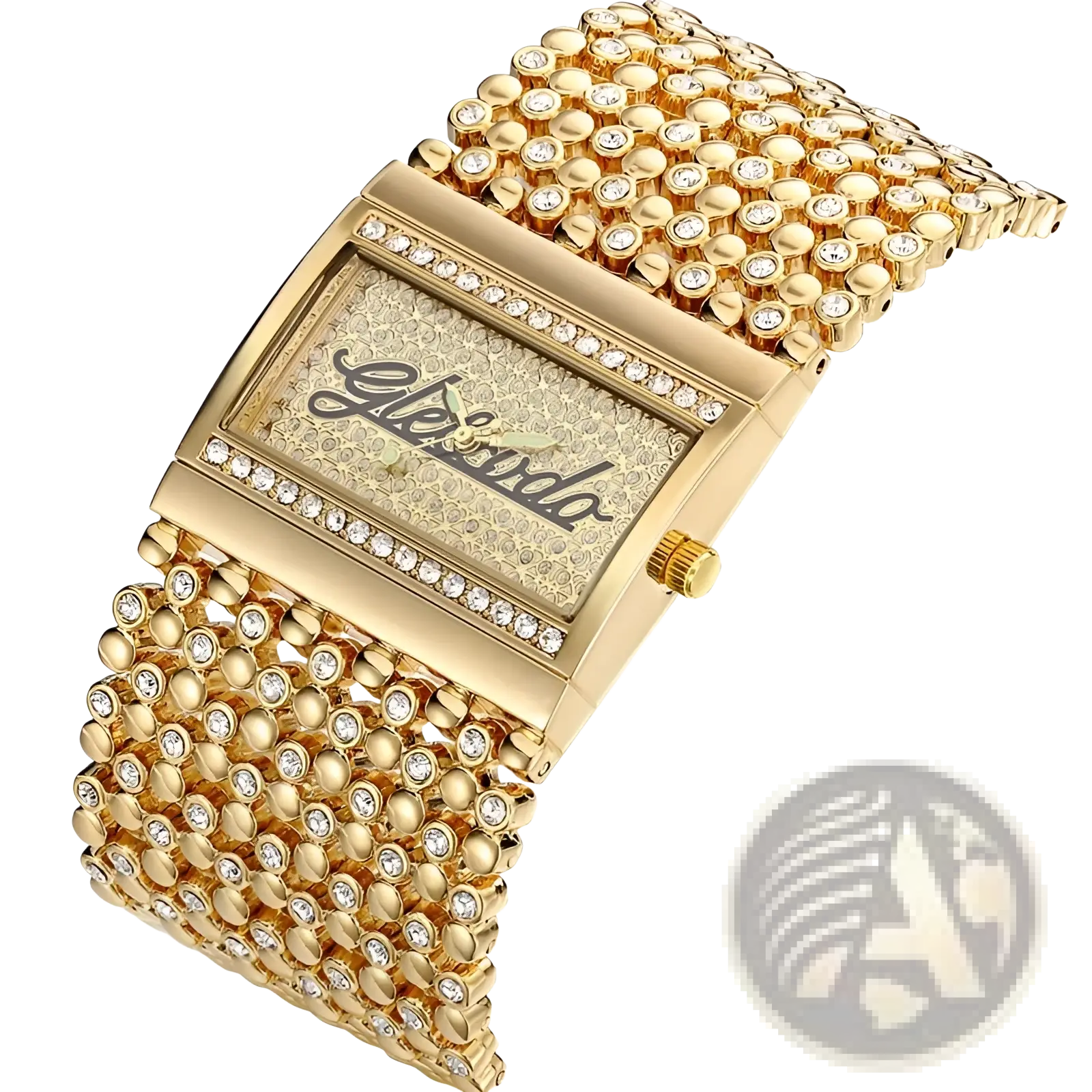 Gold quartz women watch with a gold-toned rectangular crystal-encrusted beaded band featuring the Gleason logo