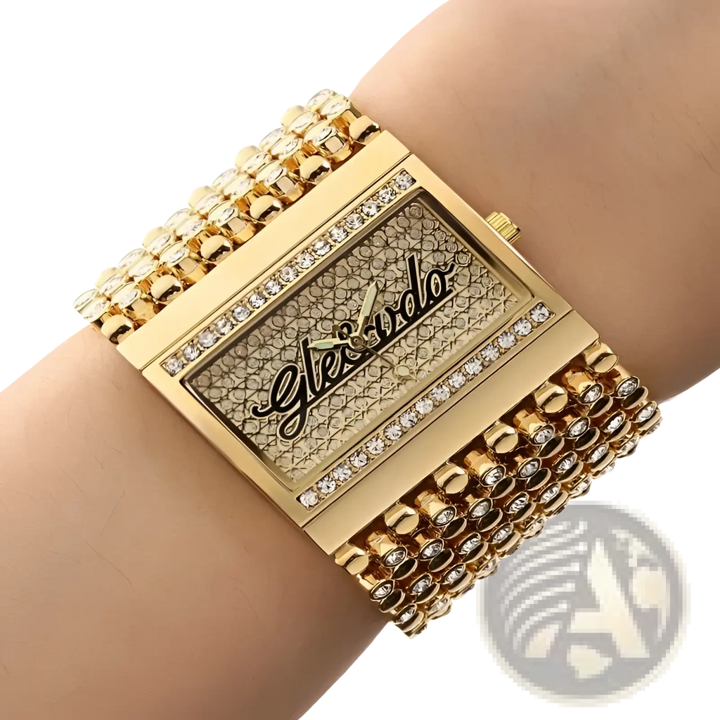 Gold quartz women watch with a gold-toned rectangular diamond-encrusted face and multi-layered beaded bracelet