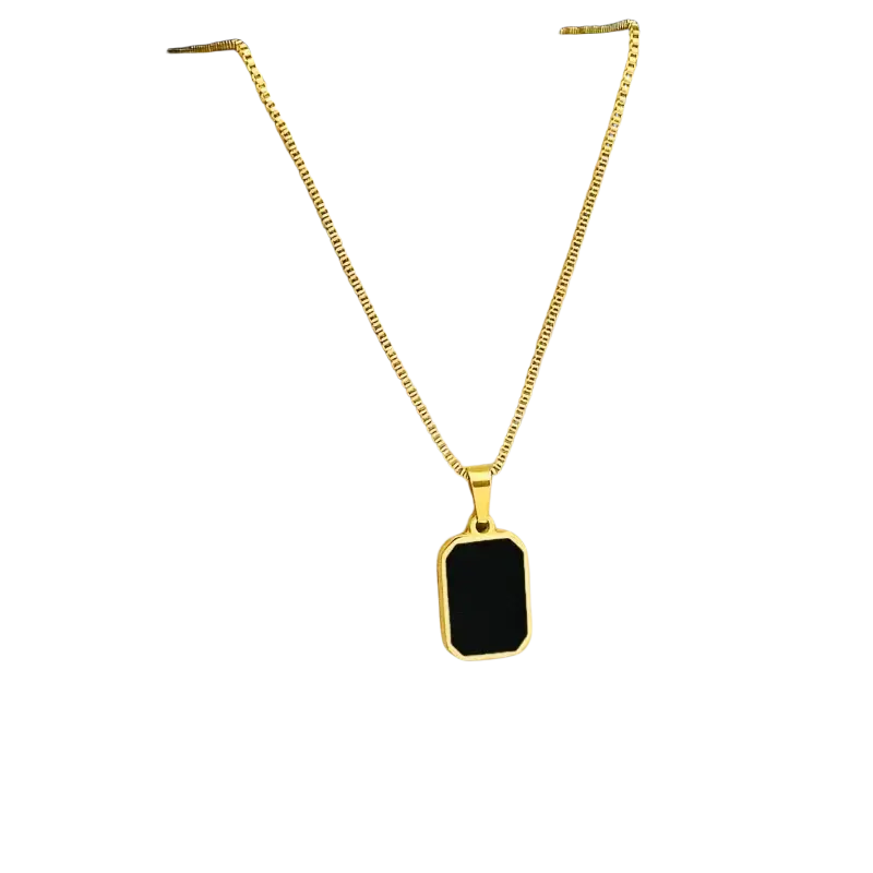 Gold rectangle pendant necklace for women featuring a black enamel rectangular pendant and gold chain