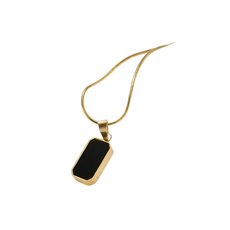 Gold rectangle pendant necklace for women featuring a gold-toned dog tag with sleek black enamel inlay on gold snake chain