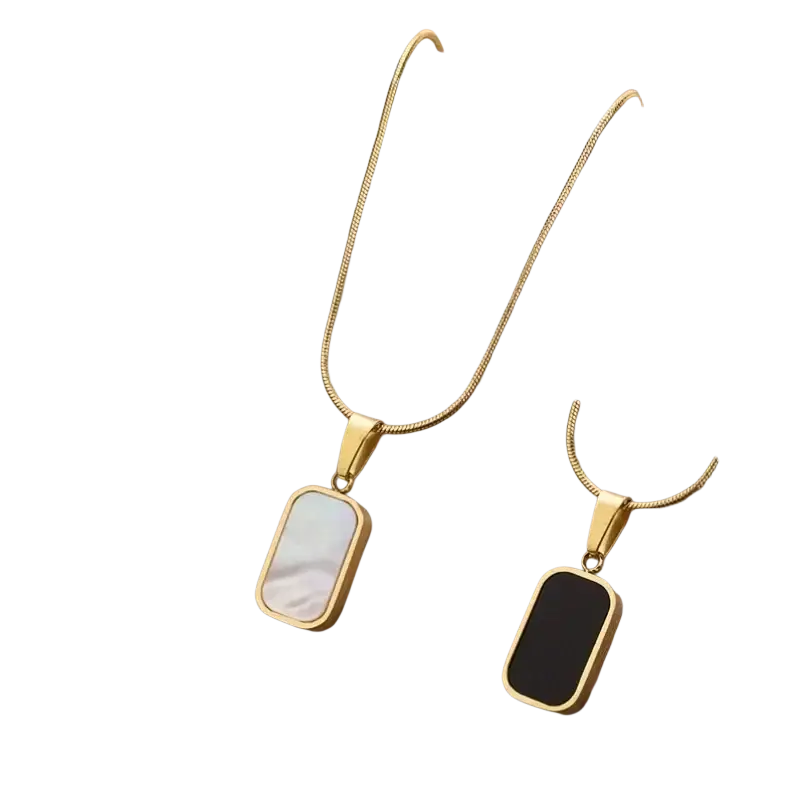 Gold rectangle pendant necklaces for women with gold-toned snake chains featuring mother-of-pearl and black enamel inlays