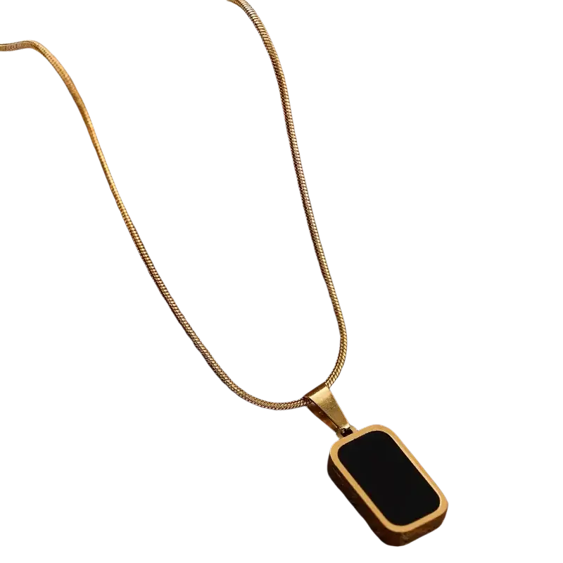 Gold-toned snake chain necklace with a rectangular black enamel pendant for women elegant accessory