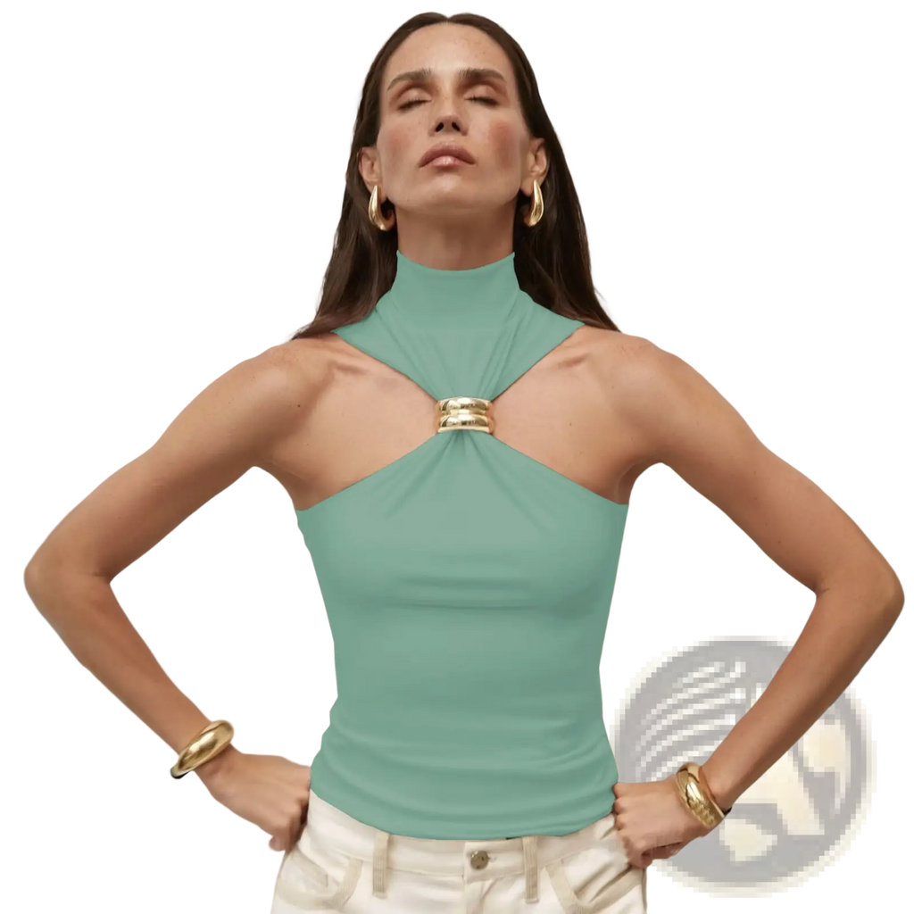Mint green stretch gold ring halter top with high neck and gold-toned metallic clasp at neckline