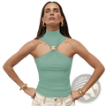 Mint green stretch gold ring halter top with high neck and gold-toned metallic clasp at neckline