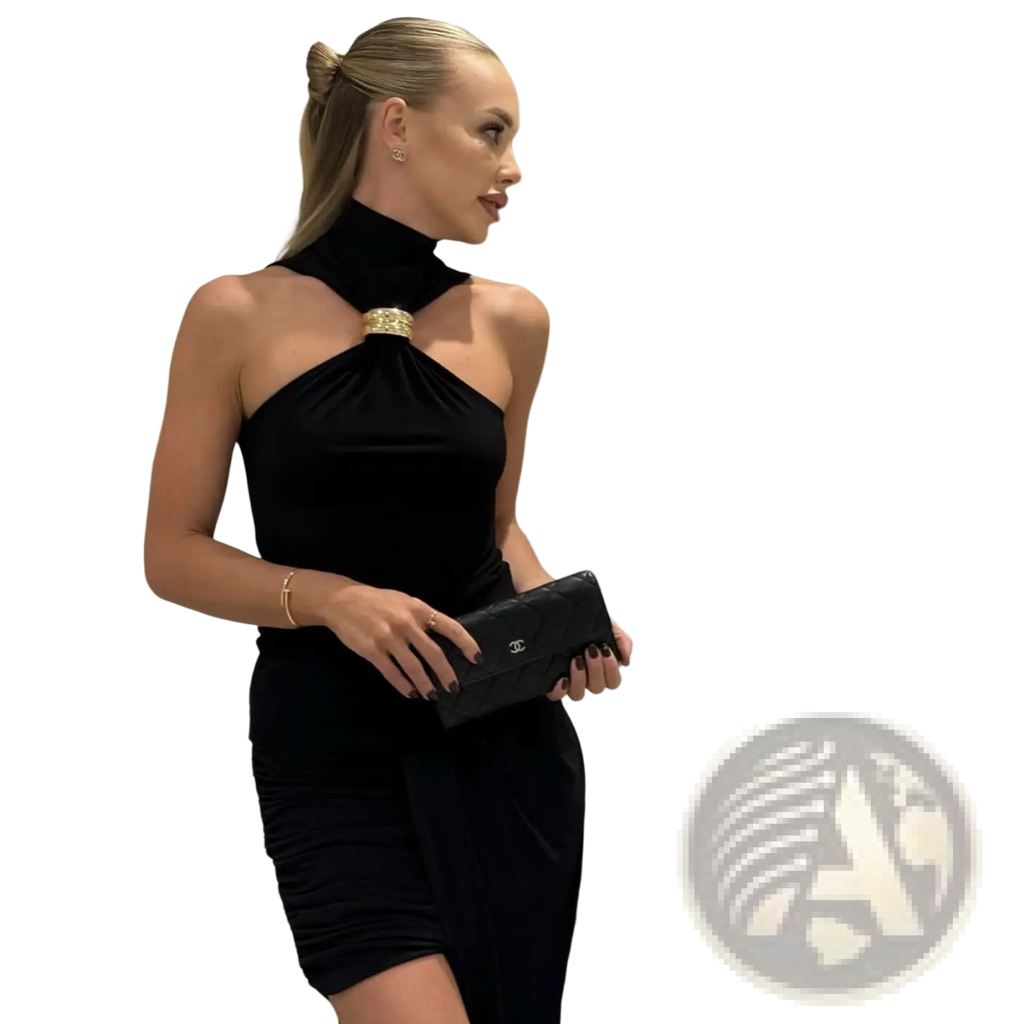 Black Chanel leather clutch with gold hardware complementing gold ring halter stretch top for elegant occasions
