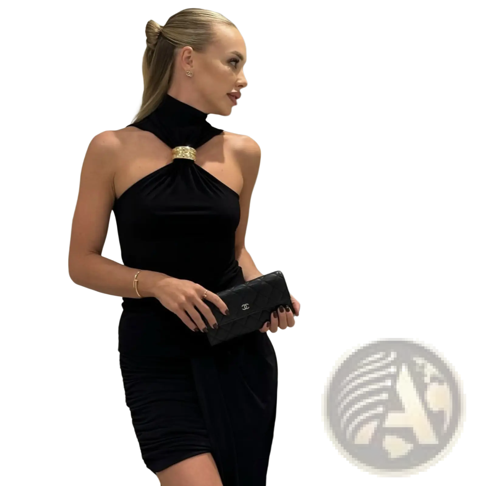 Black Chanel leather clutch with gold hardware complementing gold ring halter stretch top for elegant occasions