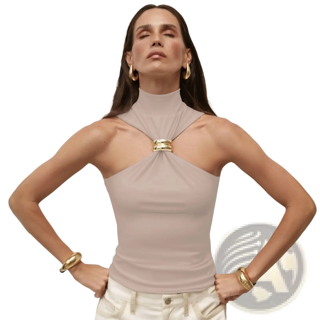 A taupe gold ring halter stretch top with a high neck and gold-toned metallic clasp at the center front