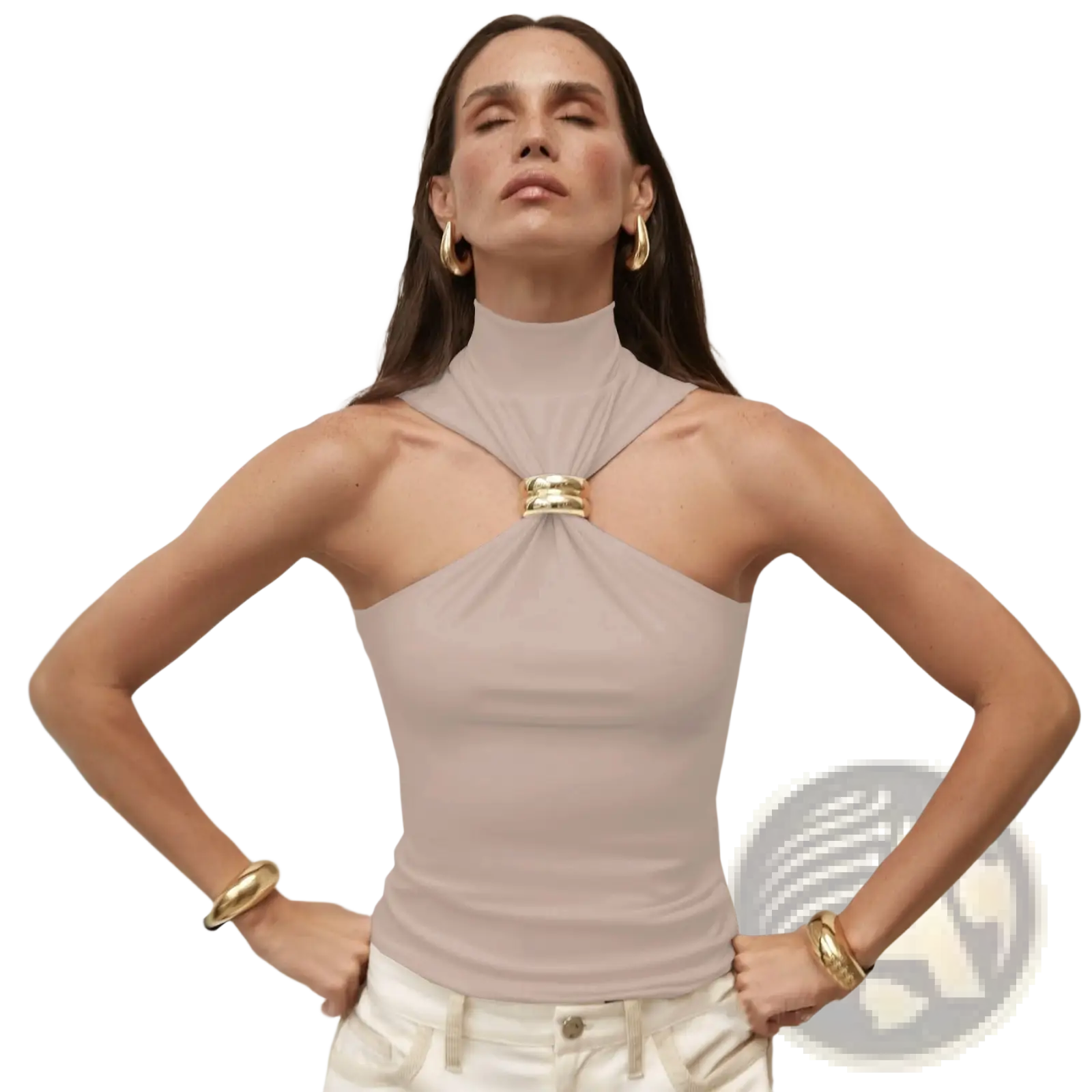 A taupe gold ring halter stretch top with a high neck and gold-toned metallic clasp at the center front