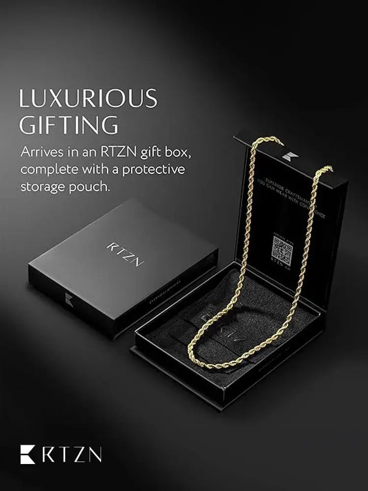 18k gold plated 3mm stainless steel rope chain necklace displayed in a sleek black rtzn gift box