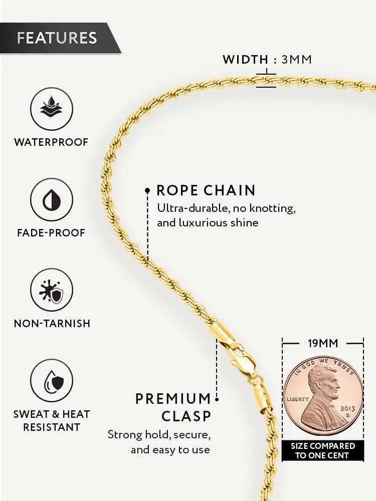 18k gold plated 3mm stainless steel rope chain necklace with gold rope design and premium clasp for durability and shine