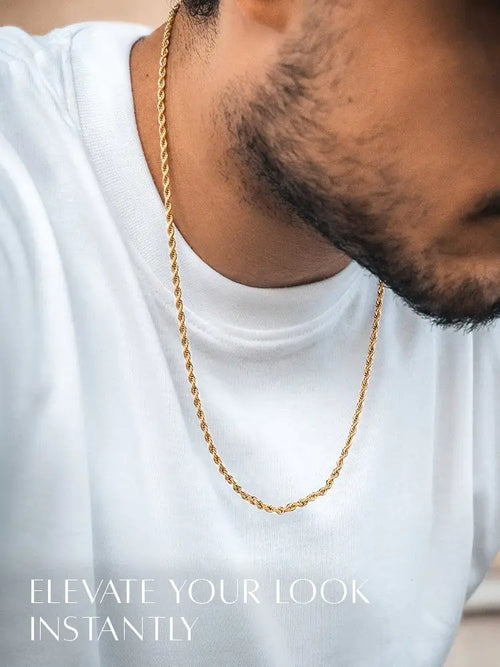 18k gold plated 3mm stainless steel gold rope chain necklace displayed with detailed close-up view