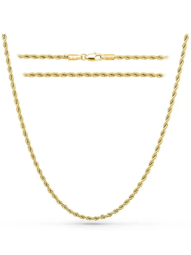 18k gold plated 3mm stainless steel rope chain necklace in gold with a secure clasp shown from the back side