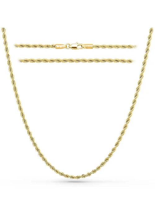 18k gold plated 3mm stainless steel rope chain necklace in gold with a secure clasp shown from the back side