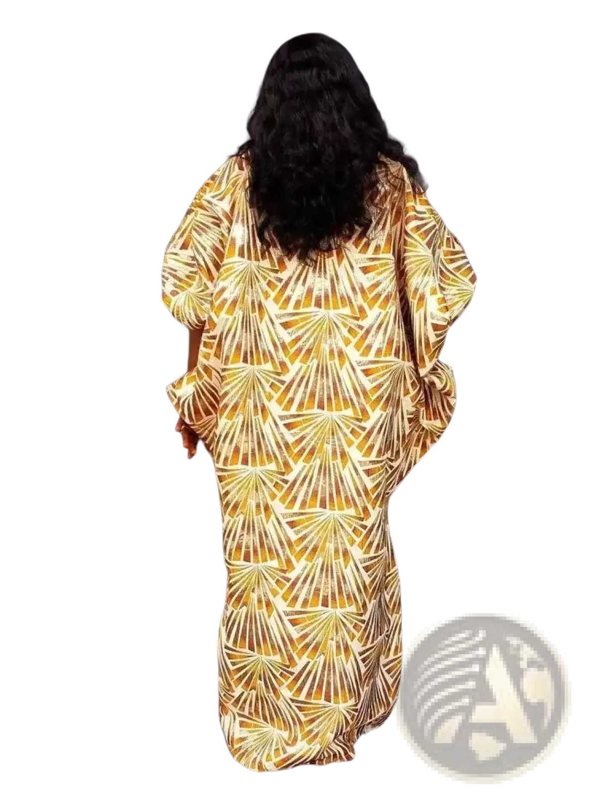 A flowing gold satin caftan abaya maxi dress with a vibrant cream geometric fan pattern, floor-length design
