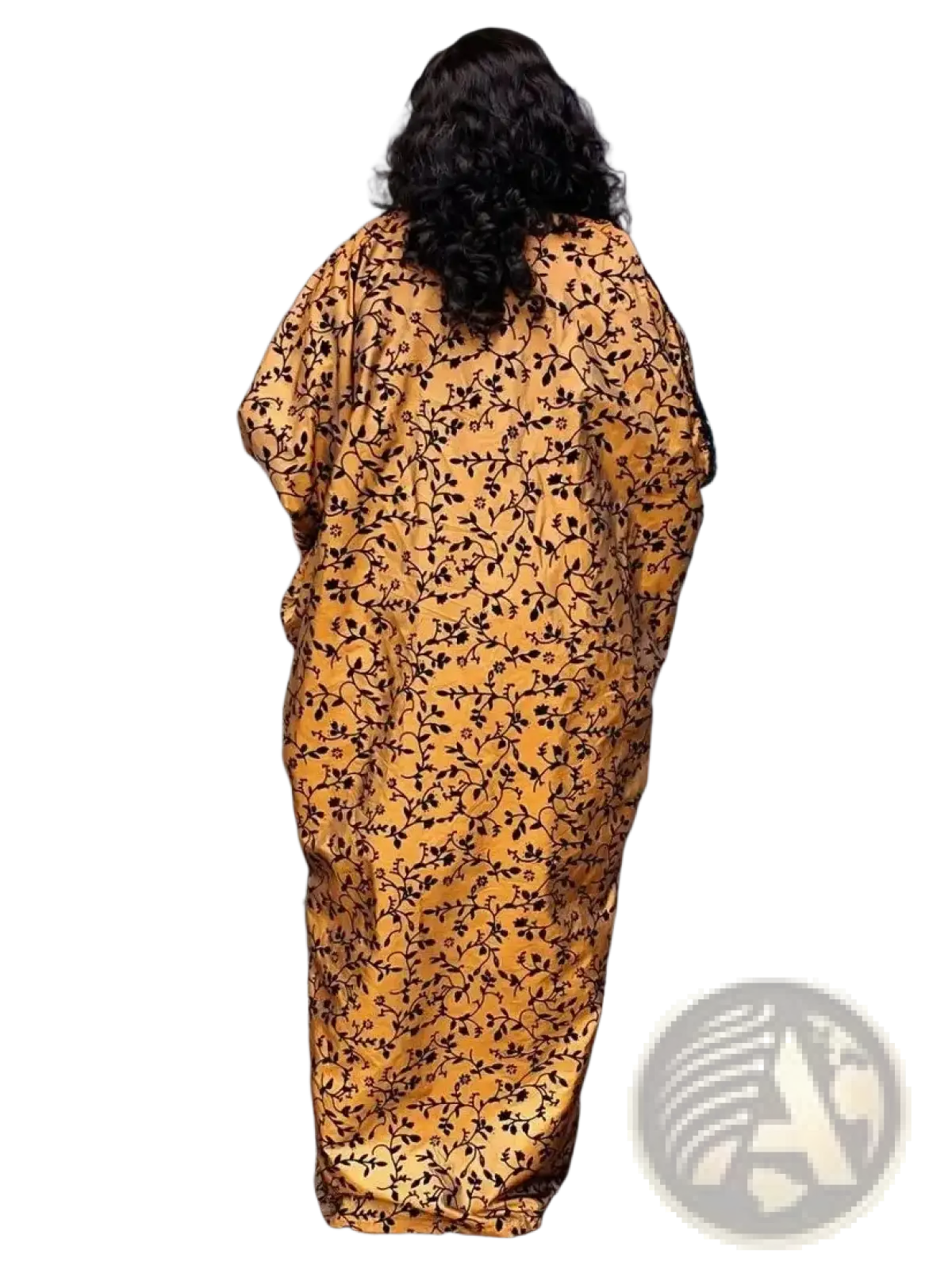 A flowing mustard-yellow gold satin caftan abaya maxi dress with a delicate black vine and leaf pattern